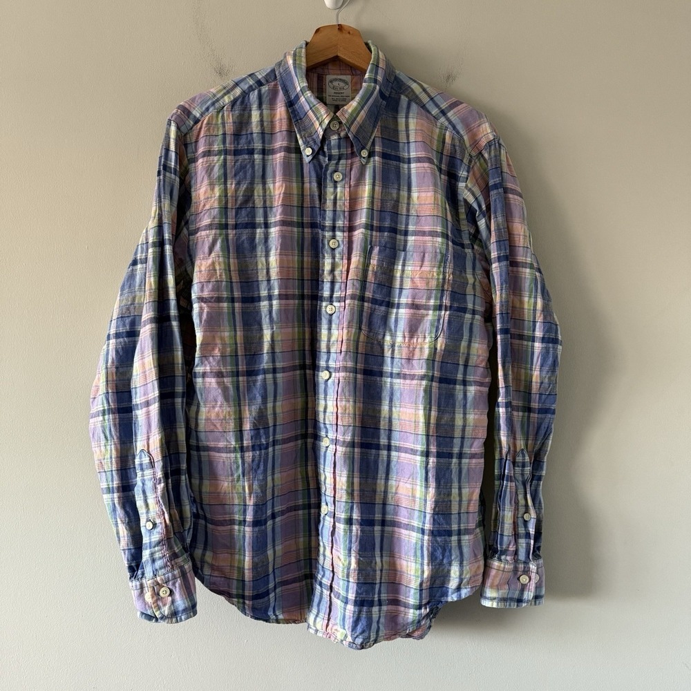 Brooks Brothers Regent Fit Shirt Mens Large Baird McNutt Irish Linen Plaid Prep